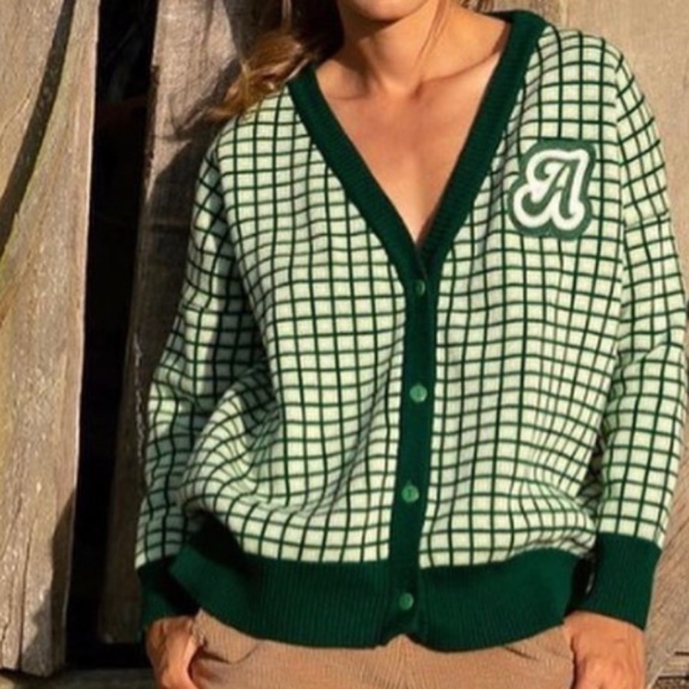 A Lot Studio Green Grid Cropped Varsity Cardigan Sweater Letterman Patch Medium - Picture 10 of 12